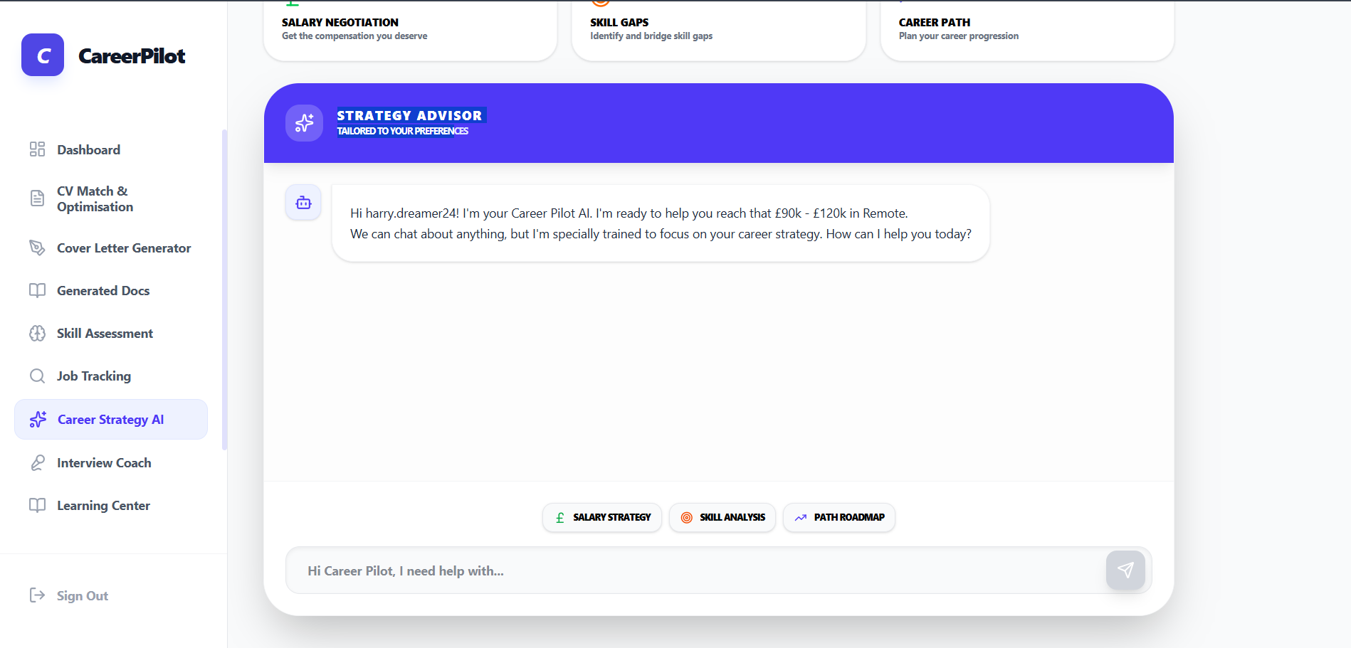 Career Strategy AI conversation screenshot